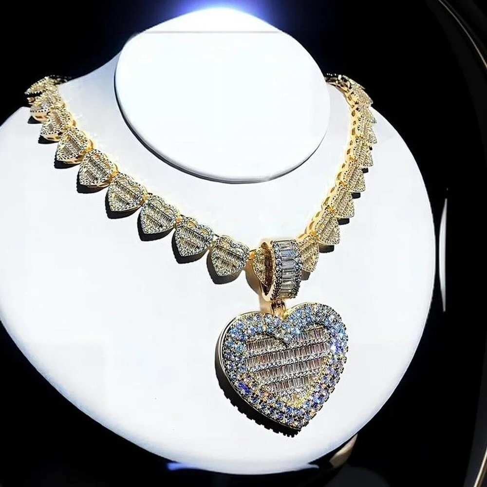 Gold Baguette Heart Necklace Bling 878 E
